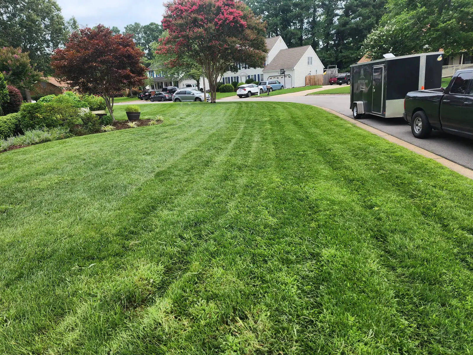 Maintained front lawn with landscaped beds and shrubs